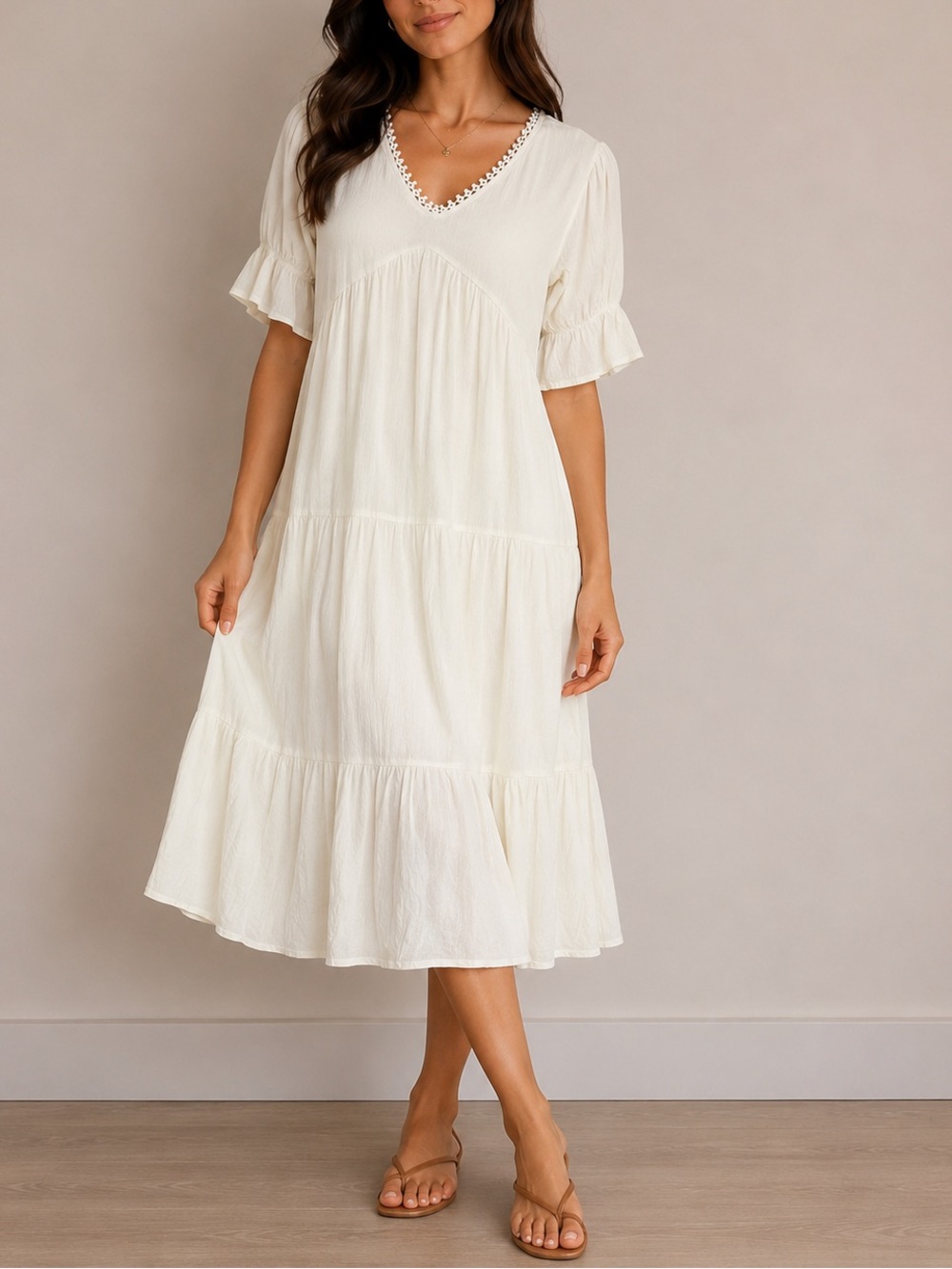 Women's Cream Midi Tiered V-Neck Dress